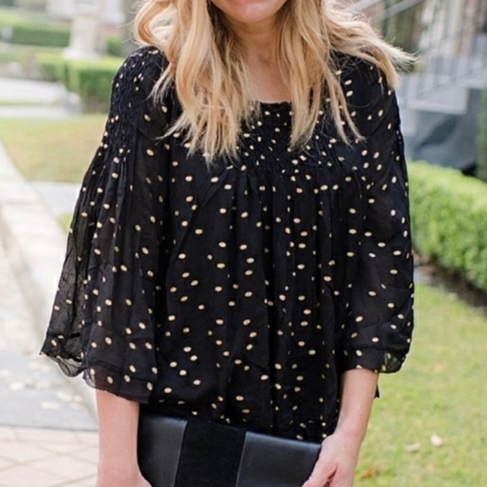 Anthropologie Floreat Size M Black Gold Dots Boho Top Smocking Raw Edges Lined